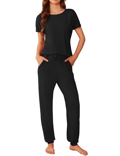 Ekoauer Damen Schlafanzug Lang Pyjama Set Kurzarm Taschen Lang Schlafhosen Kordelzug Lounge Set, Schwarz, M von Ekouaer