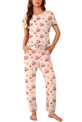 Ekoauer Damen Schlafanzug Print Pyjama Set Kurzarm Taschen Lang Schlafhosen Kordelzug Loungewear, Teddybär Kirsch, XL von Ekouaer