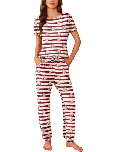 Ekoauer Damen Schlafanzug Sommer Pyjama Set Kurzarm Taschen Lang Schlafhosen Kordelzug Zweiteiliger, Teddybär Rot Streifen, M von Ekouaer