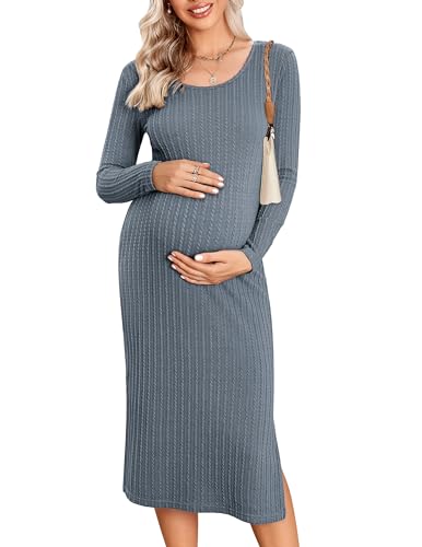 Ekoauer Damen Umstandskleid Langarm Umstandsmode Elegant Schwangerschaftskleid Stillen Kleid Slim fit Elastisch, Blaugrau, XXL von Ekouaer