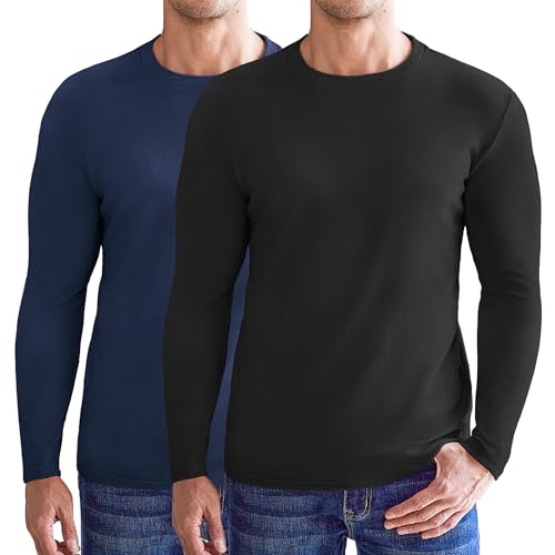 Ekouaer 1er/2er Pack Langarmshirt Herren Dünner Pullover Winter Thermounterwäsche Thermo Oberteil Warm, Schwarz + Blau, XL von Ekouaer