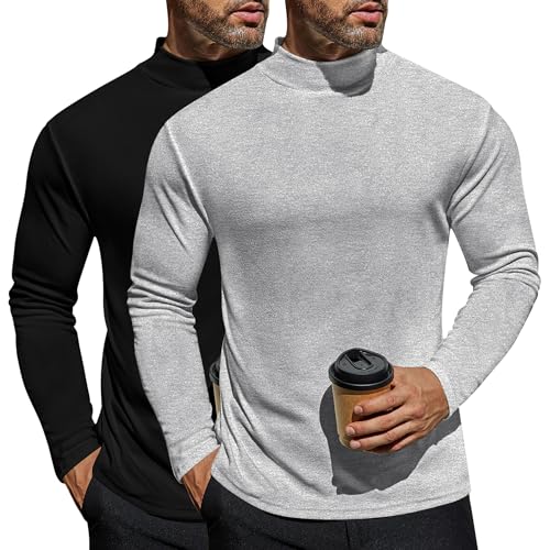 Ekouaer 2Pack Herren Langarmshirt Thermounterwäsche Thermo Oberteil Longsleeve Thermoshirt Warm mit Innenfleece Schawrz+Hell Grau XXL von Ekouaer