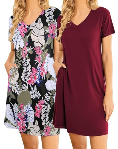 Ekouaer Nachthemd Damen Kurz Zweiteiliger Kurzarm Schlafshirt Nachthemden V Ausschnitt Hauskleid 2er Set, Weinrot + Blatt, M von Ekouaer