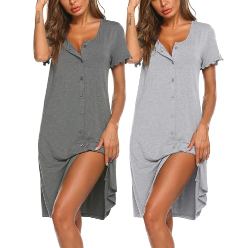 Ekouaer 2er Nachthemd Damen Kurzarm Knöpfen Schlafshirt Kurz Sleepshirt Knopfleiste Nachtwäsche, Grau + Hellgrau S von Ekouaer