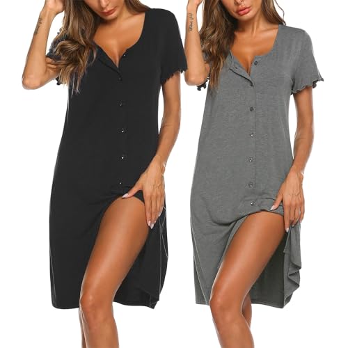 Ekouaer 2er Nachthemd Damen Kurzarm Knöpfen Schlafshirt Kurz Sleepshirt Knopfleiste Nachtwäsche, Schwarz + Grau M von Ekouaer
