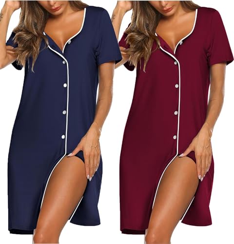 Ekouaer 2er Nachthemd Damen Kurzarm Nachtwäsche Knopfleiste Kurz Nachtkleid Schlafshirt V-Ausschnitt Sleepshirt Baumwolle Umstandskleid Bgeburtskleid Mutterschaft S von Ekouaer