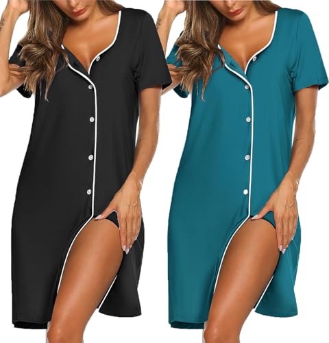 Ekouaer 2er Nachthemd Damen Kurzarm Schlafshirt Kurz Sleepshirt Knopfleiste Nachtwäsche Stillnachthemd Damen Geburt von Ekouaer