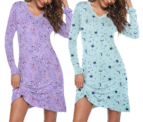 Ekouaer 2er Nachthemd Damen Langarm Schlafshirt Nachtwäsche V-Ausschnitt Mit Spitze Nachtkleid Herzen+Sterne,XL von Ekouaer