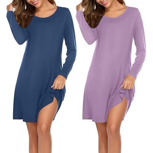 Ekouaer 2er Nachthemd Damen Langarm Schlafshirt Print Sleepshirt Frauen Rundhals Nachtwäsche Nachtkleid Blau+Violett XL von Ekouaer