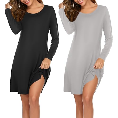 Ekouaer 2er Nachthemd Damen Langarm Schlafshirt Print Sleepshirt Frauen Rundhals Nachtwäsche Nachtkleid Schwarz+Grau S von Ekouaer