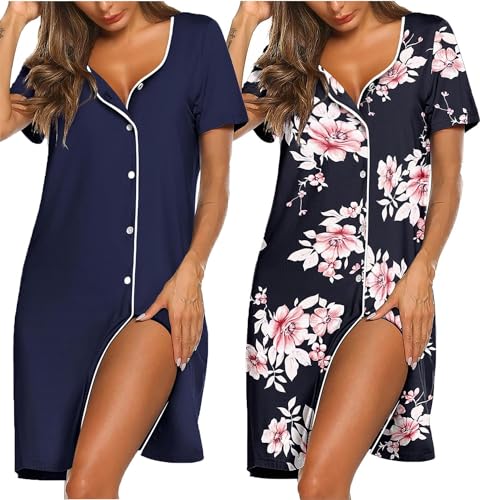 Ekouaer 2er Nachthemd Damen Sommer Schlafshirt Kurzarm Sleepshirt Kurz Nachtwäsche Knopfleiste Big Shirt Damen Schlafshirt Stillnachthemd Damen Geburt M von Ekouaer