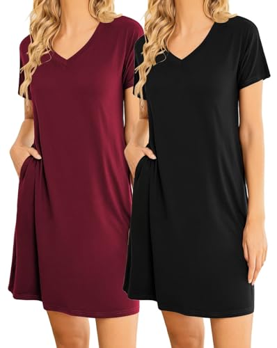 Ekouaer Nachthemd Damen Sommer Nachtkleid Kurzarm Zweiteiliger Sleepshirt Kurz Rundhals 2er Pack, Schwarz + Weinrot, S von Ekouaer