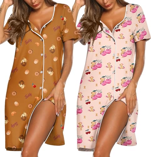Ekouaer 2er Nachthemd Damen Zum Knöpfen Sleepshirt Kurzarm Schlafshirt V-Ausschnitt Schlafhemd Blumen Zweiteiliger Nachtwäsche von Ekouaer