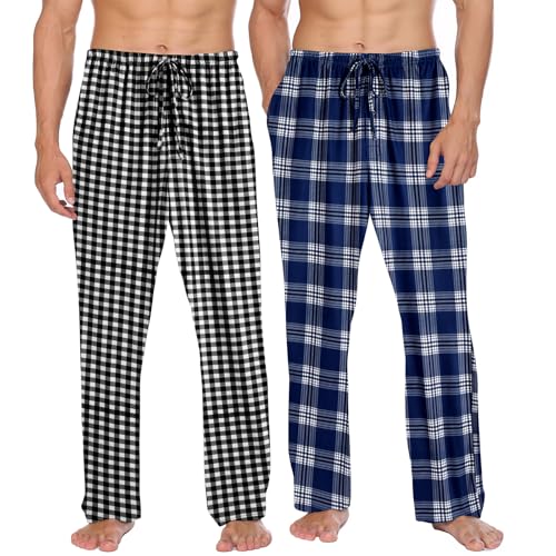 Ekouaer Schlafanzughose Herren Lang Weich Atmungsaktiv Pyjamahose Lang 2er Pack Karierte Loungehose Freizeithose mit Taschen Blau Weiß + Schwarz Weiß Kariert S von Ekouaer