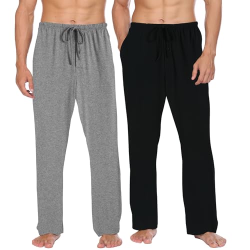 Ekouaer Schlafanzughose Herren Lang 2er Pack Leichte Pyjamahose Weich Atmungsaktiv Karierte Nachtwäsche Hose mit Taschen Schwarz+Hellgrau S von Ekouaer