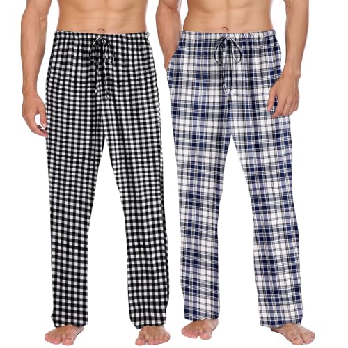 Ekouaer Herren Pyjamahose Lang 2er Pack Weich Atmungsaktiv Pyjamahose für Männer Karierte Nachtwäsche Pyjama Hose mit Taschen Weiß + Schwarz Weiß Kariert M von Ekouaer