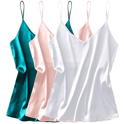 Ekouaer 3 Stück Damen Seide Satin Tank Top Casual Camisole, 3er-Pack: weiß + rosa + dunkelgrün, Mittel von Ekouaer