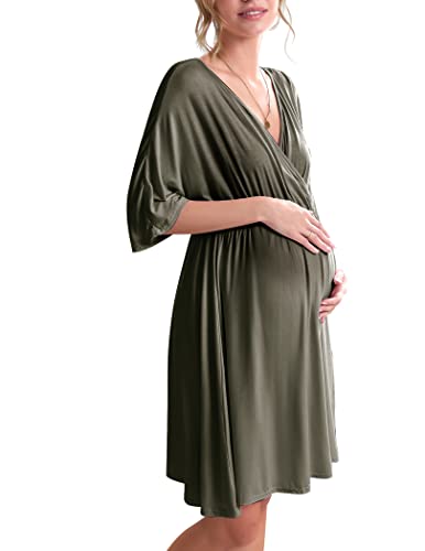 Ekouaer 3 in 1 Arbeits-/Lieferung/Krankenhauskleid Umstandskleid Stillnachthemd Nachtwäsche zum Stillen S-XXL, Grün (Army Green), Large von Ekouaer