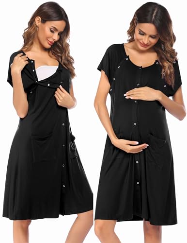 Ekouaer 3 in 1 Stillkleid Umstandsnachthemd Arbeit/Lieferung Stillen Geburtskleid mit Knopf, Schwarz-16, X-Large von Ekouaer