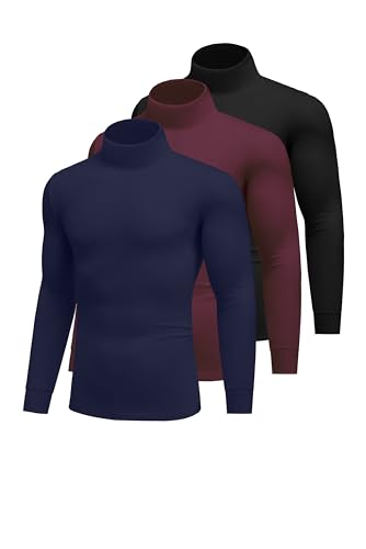 Ekouaer 3Pack Herren Langarmshirt Thermounterwäsche Rollkragenpullover Longsleeve Thermoshirt Warm mit Innenfleece Schwarz+Navy Blau+Wine Rot XL von Ekouaer