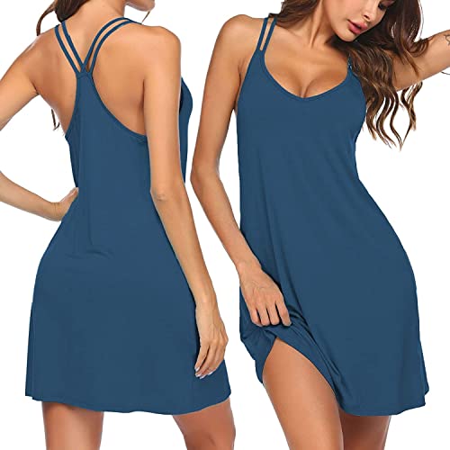 Ekouaer Ärmelloses Nachthemd mit V-Ausschnitt, Nachtwäsche, weiches Pyjama-Kleid, kurzes Nachthemd für Damen, A-blue grün, Medium von Ekouaer