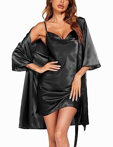 Ekouaer Bride Morgenmantel Damen Satin Sexy Dessous Negligee Kimono Braut Bademantel Kurz mit Gürtel Babydoll Nachthemd 2PCS, Schwarz, XL von Ekouaer