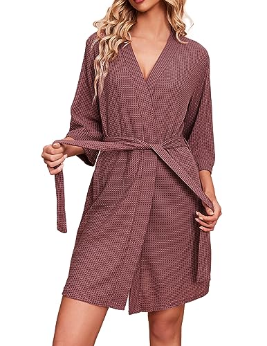 Ekouaer Bademäntel für Damen Waffelstrick Morgenmantel Lässig Robe Hochzeit weich leicht knielang Loungewear Rosiges Braun L von Ekouaer