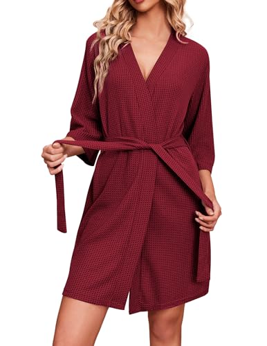 Ekouaer Bademäntel für Damen Waffelstrick Morgenmantel Lässig Robe Hochzeit weich leicht knielang Loungewear Rot L von Ekouaer