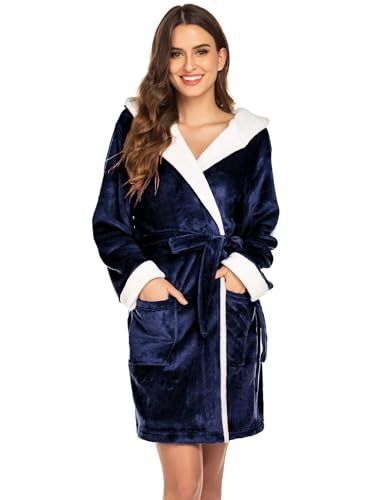 Ekouaer Bademantel Damen Frottee Flauschig Weich Kapuze Knielang Kurz Hausmantel Morgenmantel Fleece Sauna Spa Robe Blau M von Ekouaer