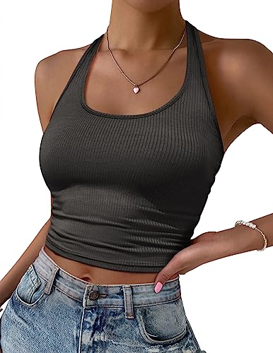 Ekouaer Neckholder Top Damen Crop Tops Tank Top Sommer Rückenfrei Oberteil Slim Fit Ribbed Knit, Dunkelgrau XL von Ekouaer