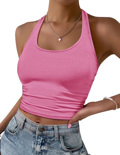 Ekouaer Neckholder Top Damen Crop Tops Tank Top Sommer Rückenfrei Oberteil Tank Top Slim Fit, Rosa XXL von Ekouaer