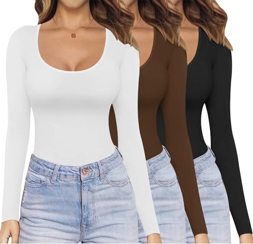Ekouaer Basic Top Damen 3 Stück Thermo Oberteil Langarm Thermounterwäsche Leicht Schwarz Braun Weiß S von Ekouaer