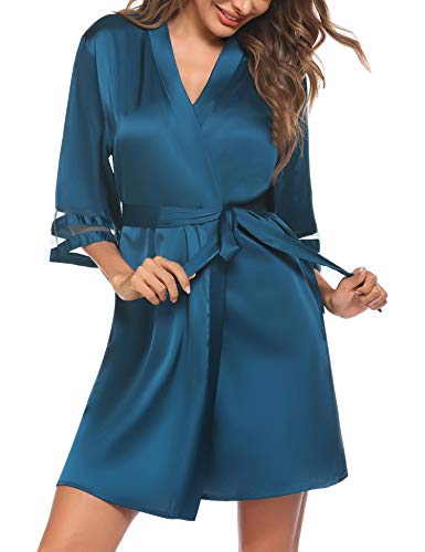 Ekouaer Braut Bademantel Kimono Damen Seide Morgenmantel Kurz Sexy Saunamantel Robe V-Ausschnitt 3/4 Ärmel für Party Hochzeit Bademantel Satin Pfaublau, S von Ekouaer