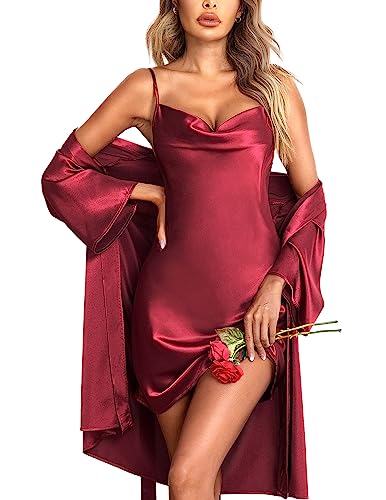 Ekouaer Bride Morgenmantel Damen Satin Sexy Dessous Negligee Kimono Braut Bademantel Kurz mit Gürtel Babydoll Nachthemd 2PCS, Weinrot, S von Ekouaer