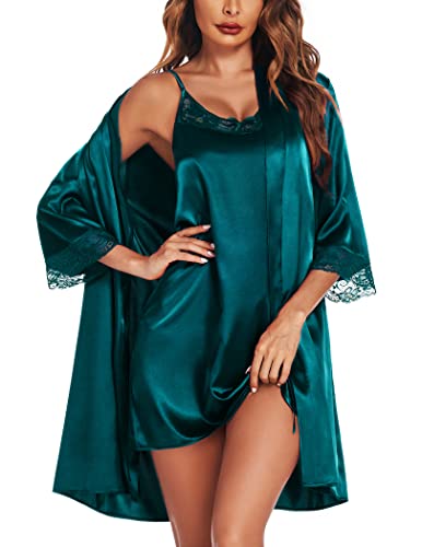 Ekouaer Bride Morgenmantel Damen Satin Sexy Dessous Negligee Spitze V-Ausschnitt Braut Bademantel Kurz mit Gürtel Babydoll Nachthemd 2PCS, Dunkelgrün, XL von Ekouaer