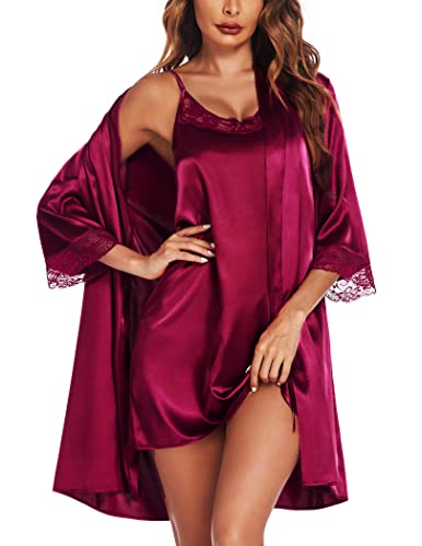 Ekouaer Bride Morgenmantel Damen Satin Sexy Dessous Negligee Spitze V-Ausschnitt Braut Bademantel Kurz mit Gürtel Babydoll Nachthemd 2PCS, Weinrot, M von Ekouaer