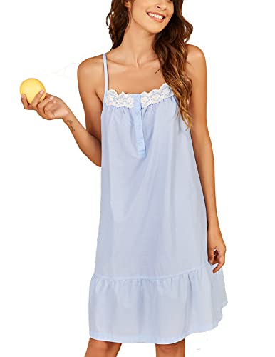 Ekouaer Damen 100% Baumwolle Spitze Nachthemd Schlafkleid Viktorianischen Sleepshirt Strap Kleid, A-candy Blau, Small von Ekouaer