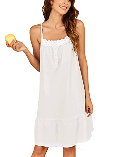 Ekouaer Damen 100% Baumwolle Spitze Nachthemd Schlafkleid Viktorianischen Sleepshirt Strap Kleid, A-candy_white, Medium von Ekouaer