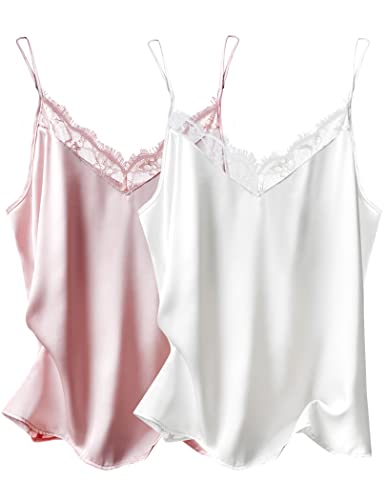 Ekouaer Damen 2 Stück Camisole Seide Satin Cami Spitze Top Spaghettiträger Tank Tops S-3XL, Weiß/Blassrosa, X-Groß von Ekouaer