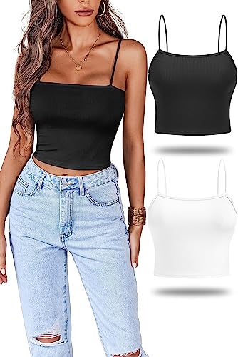 Ekouaer Damen 2 Stück Crop Camisole Top Spaghettiträger Tank Top ärmellos Basic Cami Shirts Tube Tops Schwarz + Weiß M von Ekouaer