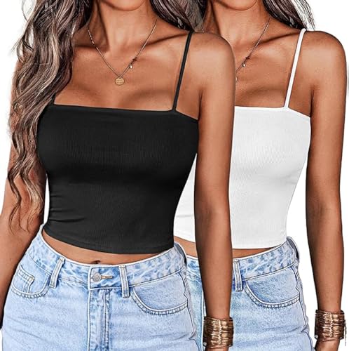 Ekouaer Damen 2 Stück Crop Camisole Top Spaghettiträger Tank Top ärmellos Basic Cami Shirts Tube Tops Schwarz + Weiß XL von Ekouaer