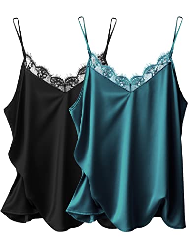 Ekouaer Damen 2 Stück Seidensatin Tank Top Spitze Cami Spaghettiträger Top V Ausschnitt Camisole, Schwarz/Dunkelgrün, Klein von Ekouaer