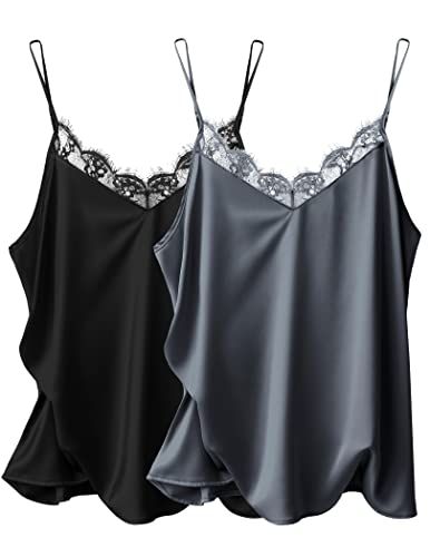 Ekouaer Damen-Tanktop mit Spitze, Seide, Flecken, Basic, V-Ausschnitt, Camisole mit Spaghettiträgern, 2 Stück, Schwarz und Grau, Mittel von Ekouaer