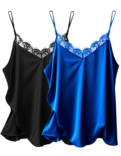 Ekouaer Damen 2 Stück Spitze Seide Fleck Cami Tank Top Basic V-Ausschnitt Camisole Spaghettiträger Tops, Schwarz & Königsblau, X-Groß von Ekouaer