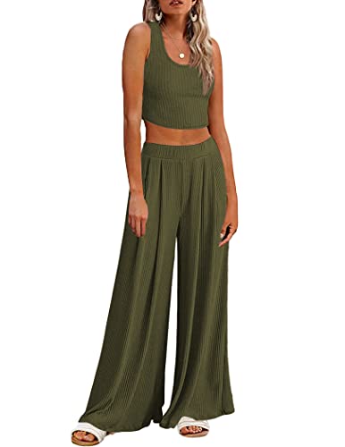 Ekouaer Damen 2-teilige Lounge-Sets Rippstrick Crop Top Weites Bein Hose mit Taschen S-XXL, Grün (Army Green), M von Ekouaer