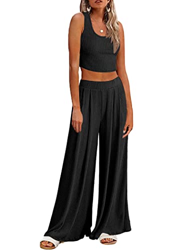 Ekouaer Damen 2-teilige Lounge-Sets Rippstrick Crop Top Weites Bein Hose mit Taschen S-XXL, Schwarz, XXL von Ekouaer