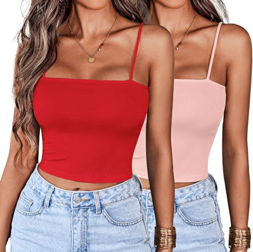 Ekouaer Damen 2pcs Crop Camisole Top Spaghettiträger Tank Top Ärmellos Basic Cami Shirts Tube Tops, Rot + Pink, Mittel von Ekouaer