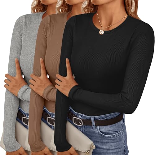 Ekouaer Damen 3 Pack Langarmshirt Rundhals Unterhemd Thermoshirt Unterwäsche Warm Oberteil Winter, Grau + Braun + Schwarz, M von Ekouaer