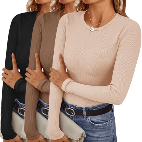 Ekouaer Damen 3 Pack Langarmshirt Rundhals Unterhemd Thermoshirt Unterwäsche Warm Oberteil Winter, Schwarz + Braun + Beige, L von Ekouaer