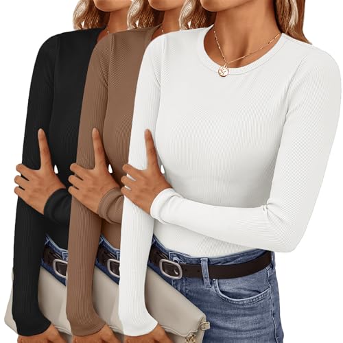 Ekouaer Damen 3 Pack Langarmshirt Rundhals Unterhemd Thermoshirt Unterwäsche Warm Oberteil Winter, Schwarz + Braun + Weiß, L von Ekouaer
